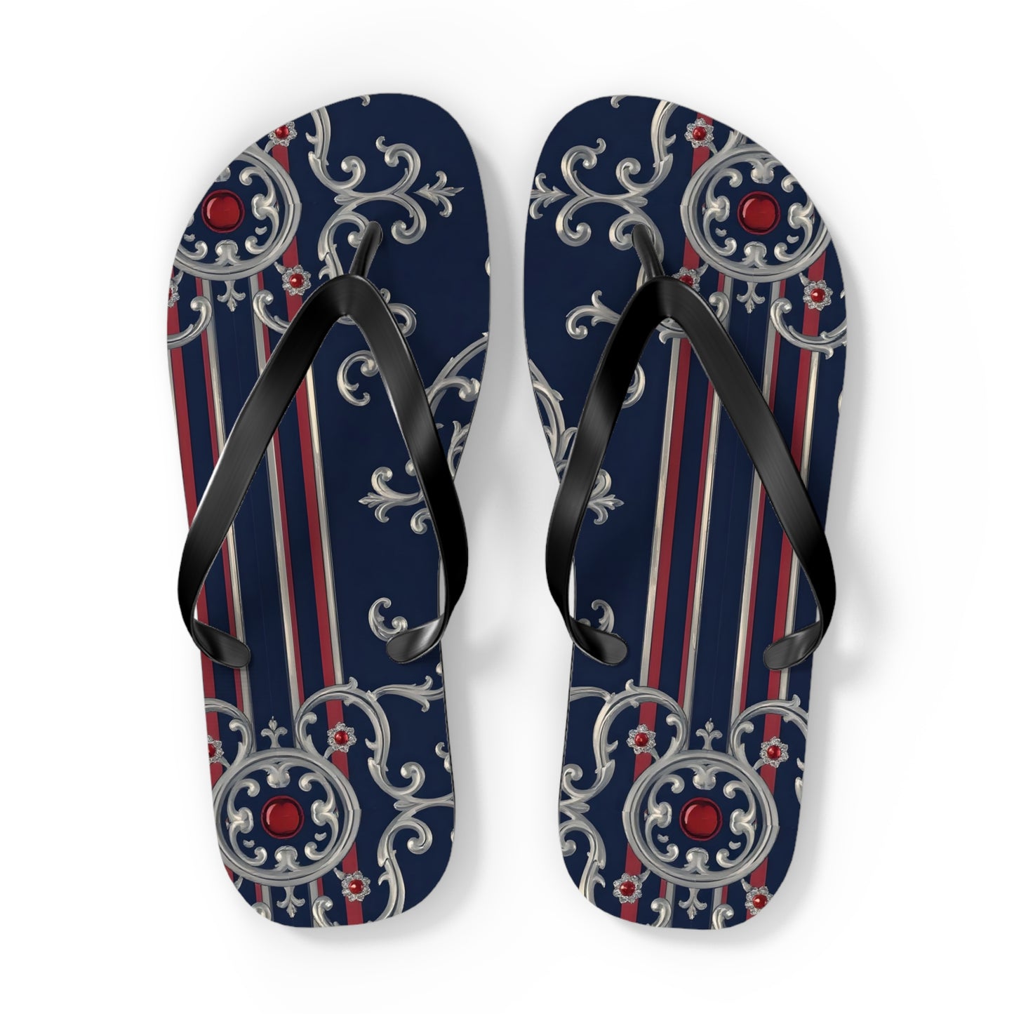Elegant Nautical Flip Flops | Perfect for Beach Days, Summer Parties, Travel, Vacation, Poolside Relaxation - Blue & Red Striped Silver Baroque