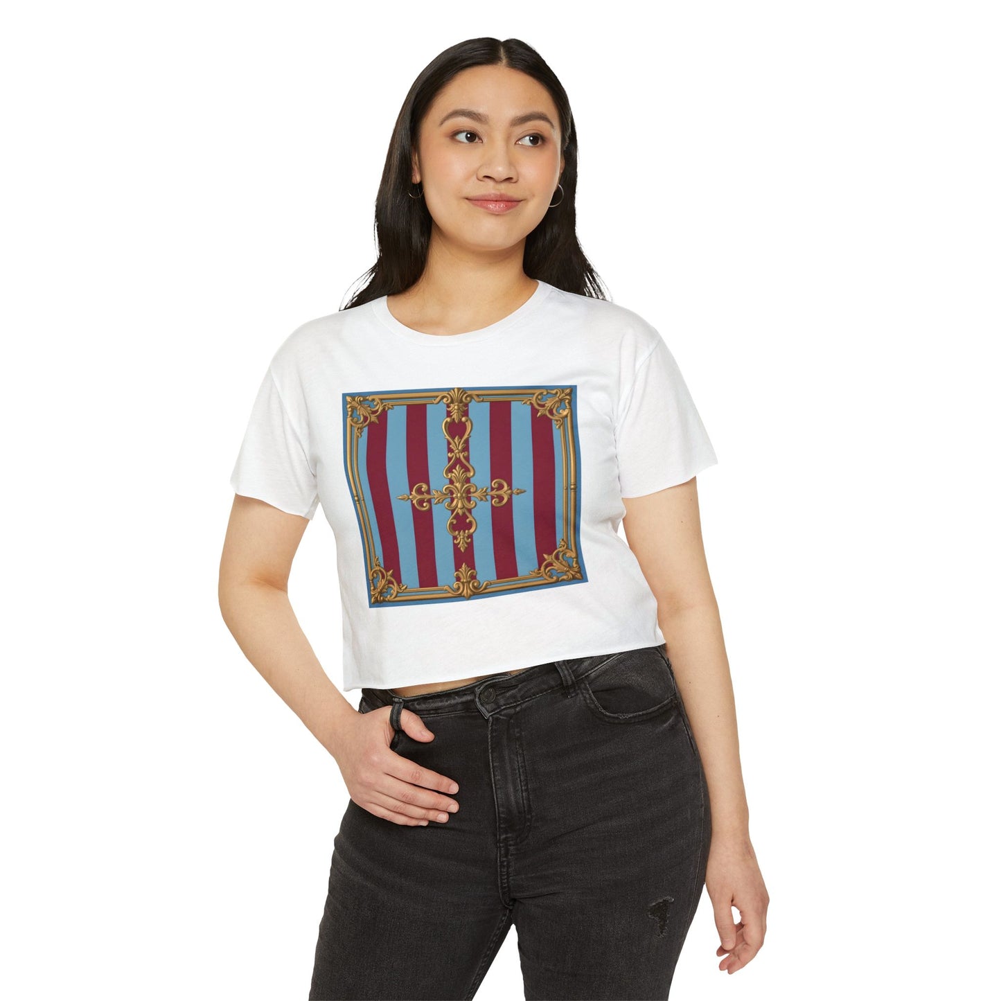 Women's Baroque Festival Crop Top, Summer Crop Tee, Casual Festival Wear, Concert Top, Eco-Friendly Fashion - Sky Blue & Maroon Striped Baroque