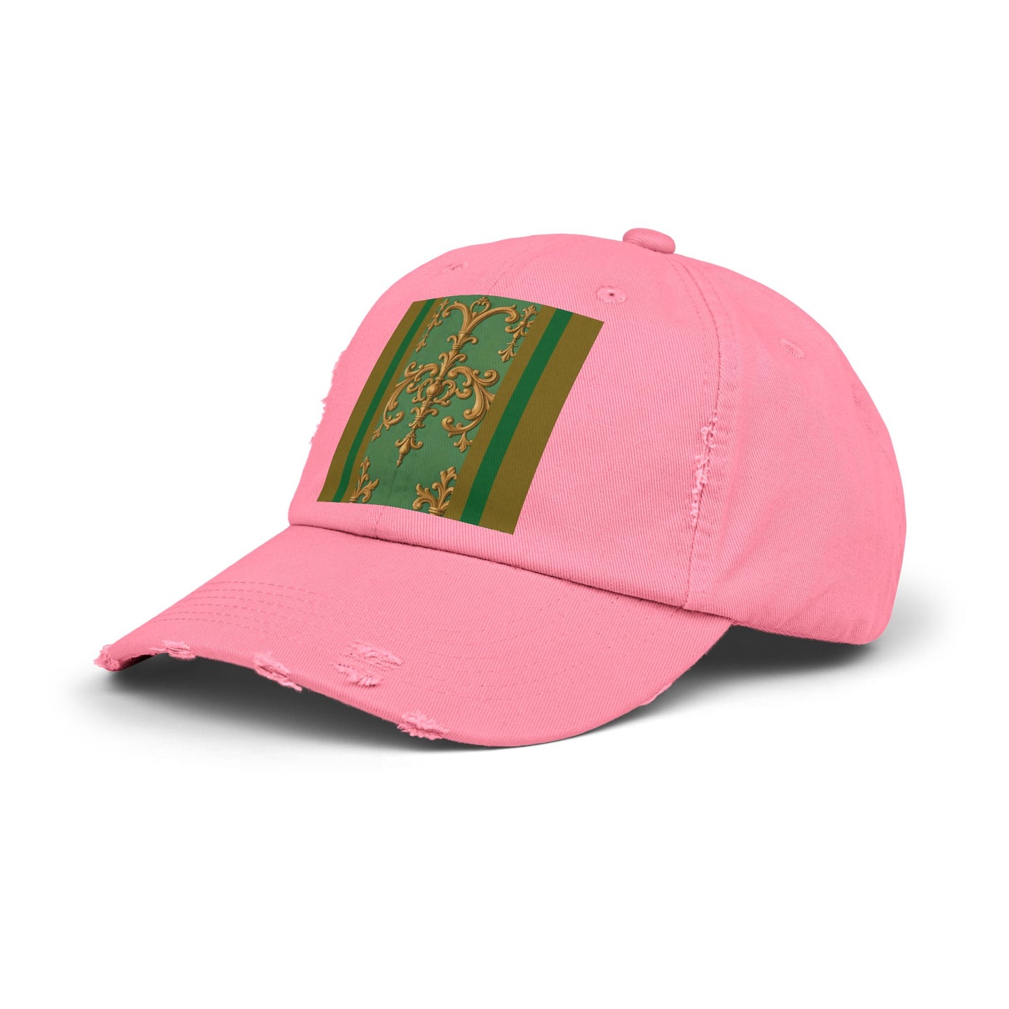 Stylish Unisex Distressed Cap with Unique Floral Design, Trending Accessory for Men and Women - Olive Green Striped Rococo
