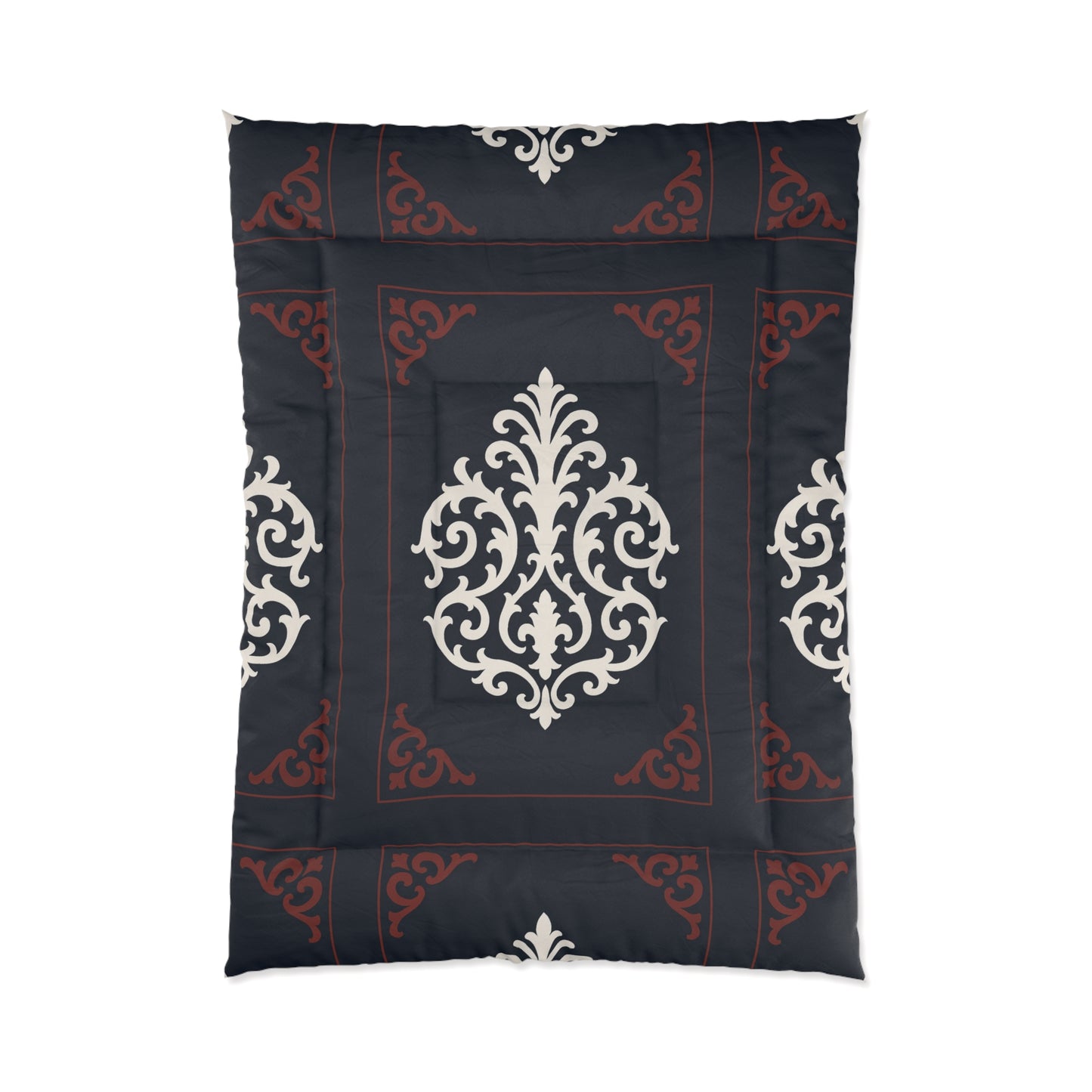 Dusk Blue-Maroon & White Baroque Comforter — Dusk Blue & White Decorative Bedding