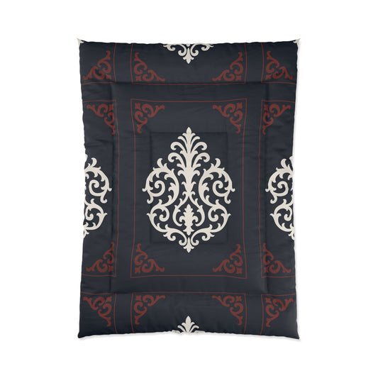 Dusk Blue-Maroon & White Baroque Comforter — Dusk Blue & White Decorative Bedding