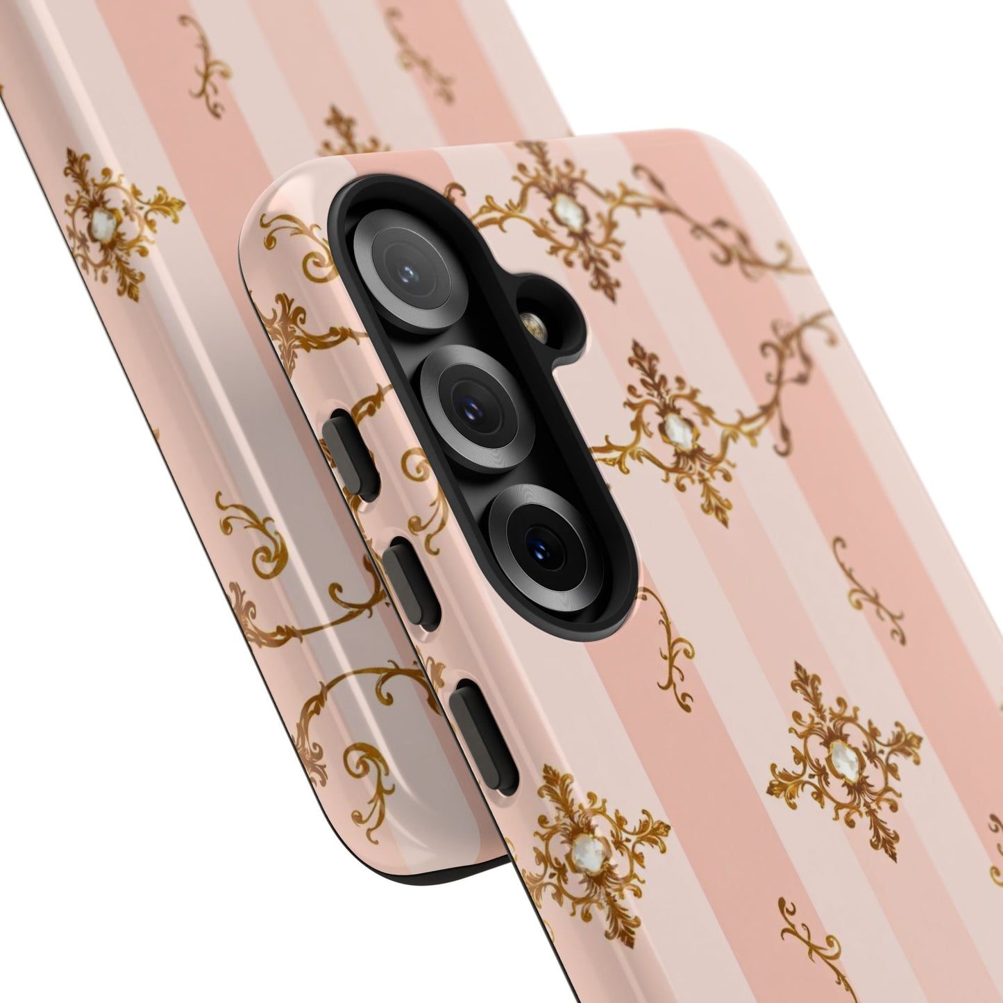 Elegant Floral Phone Case, Tough Cases for Women, Trendy Phone Cover, Chic Gift - Pink Jeweled Striped Gold Baroque
