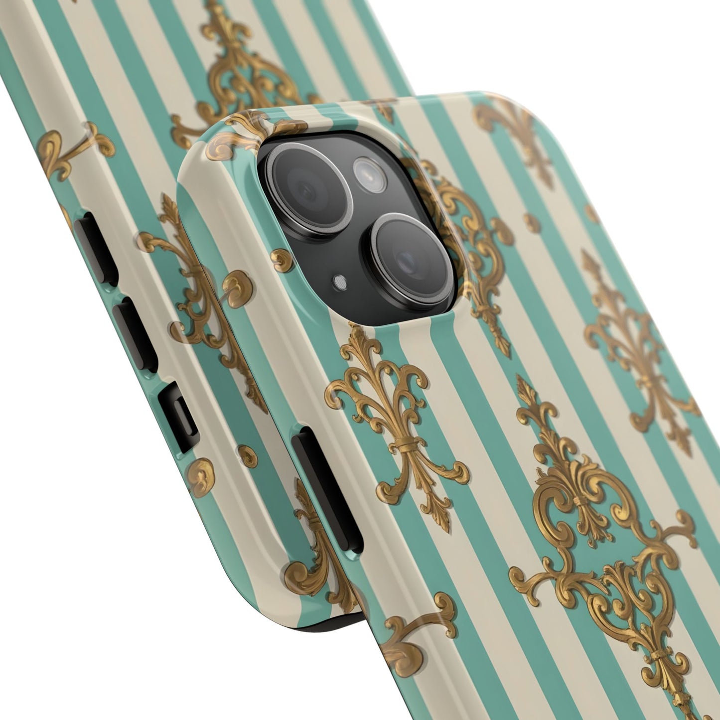 Elegant Striped Phone Case with Vintage Design, Tough Phone Cover, Stylish Smartphone Case - Matte Green Striped Rococo