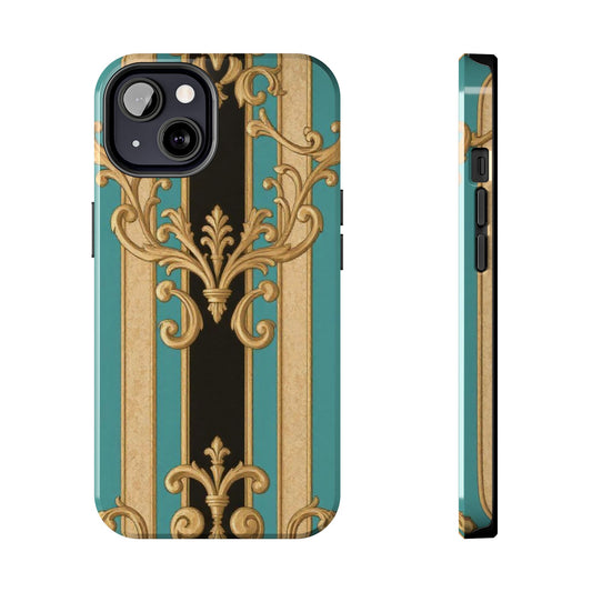 Elegant Black, Tan & Ocean Green Striped Gold Baroque Vintage Tough Phone Case with Ornate Design, Stylish Phone Cover, Boho Chic Accessory, Gift for Her, Customizable Case