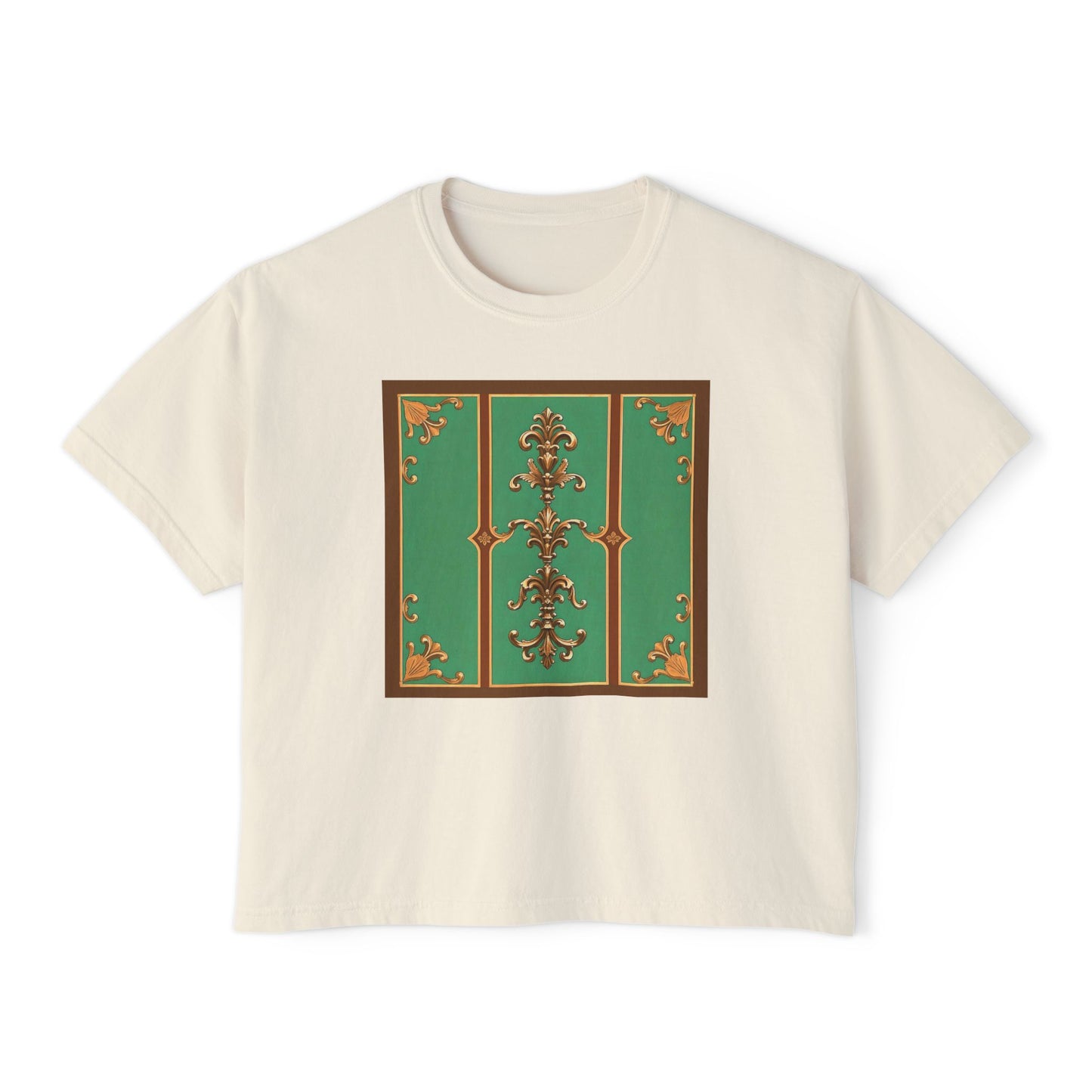Elegant Vintage Floral Women's Boxy Tee - Trendy Casual Shirt for All Occasions - Rust & Green Striped Baroque