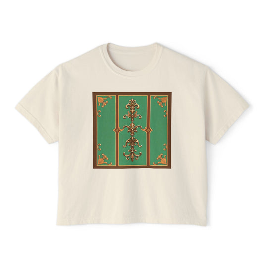 Elegant Vintage Floral Women's Boxy Tee - Trendy Casual Shirt for All Occasions - Rust & Green Striped Baroque