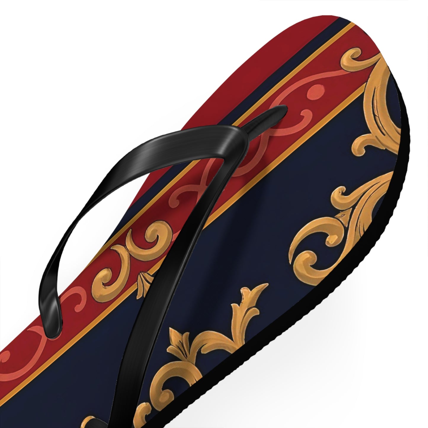 Elegant Vintage Flip Flops, Stylish Summer Footwear, Beachwear Accessories, Vacation Essentials - Midnight Blue & Dusk Red Gold Baroque