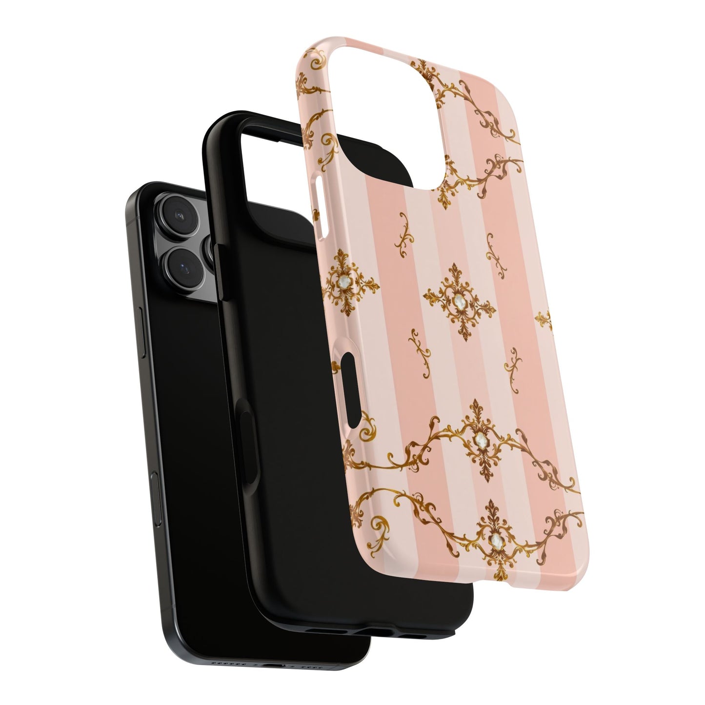 Elegant Floral Phone Case, Tough Cases for Women, Trendy Phone Cover, Chic Gift - Pink Jeweled Striped Gold Baroque