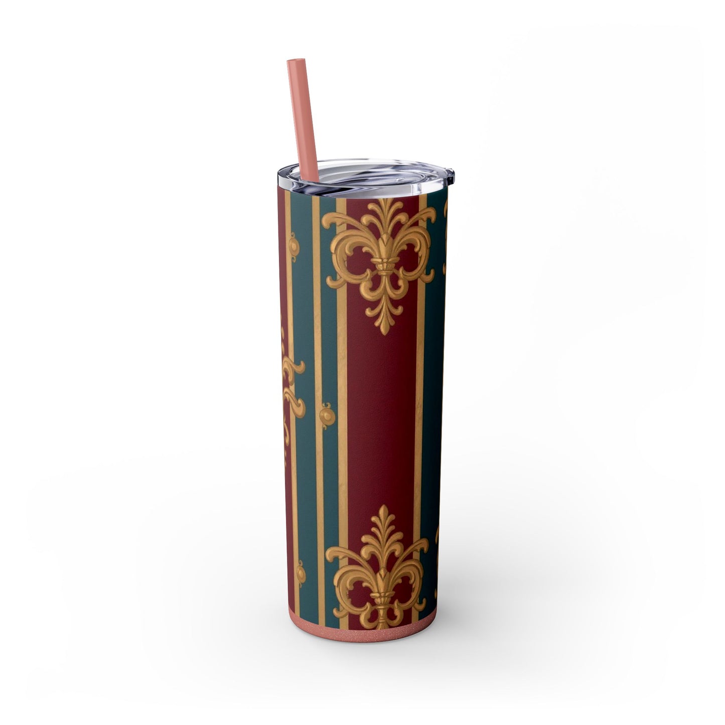 Elegant Vintage Skinny Tumbler with Straw, 20oz | Gold & Burgundy Design | Travel Mug, Gift for Her - Burgundy Striped Gold Baroque