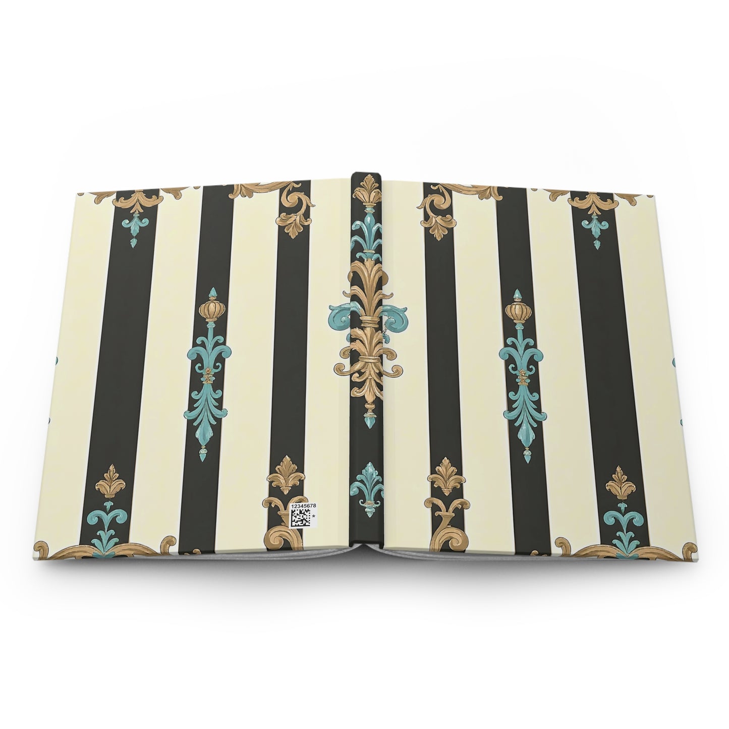 Elegant Striped Hardcover Journal, Stylish Notebook, Floral Pattern, Gift for Writers, Journal for Women - Black Striped Turquoise & Black Rococo