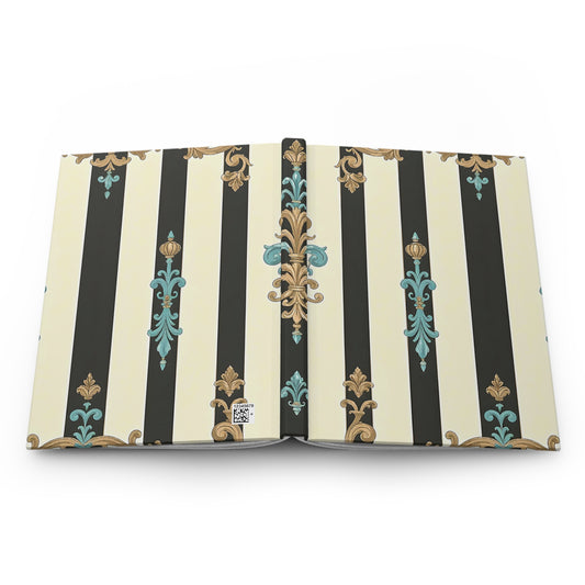 Elegant Striped Hardcover Journal, Stylish Notebook, Floral Pattern, Gift for Writers, Journal for Women - Black Striped Turquoise & Black Rococo