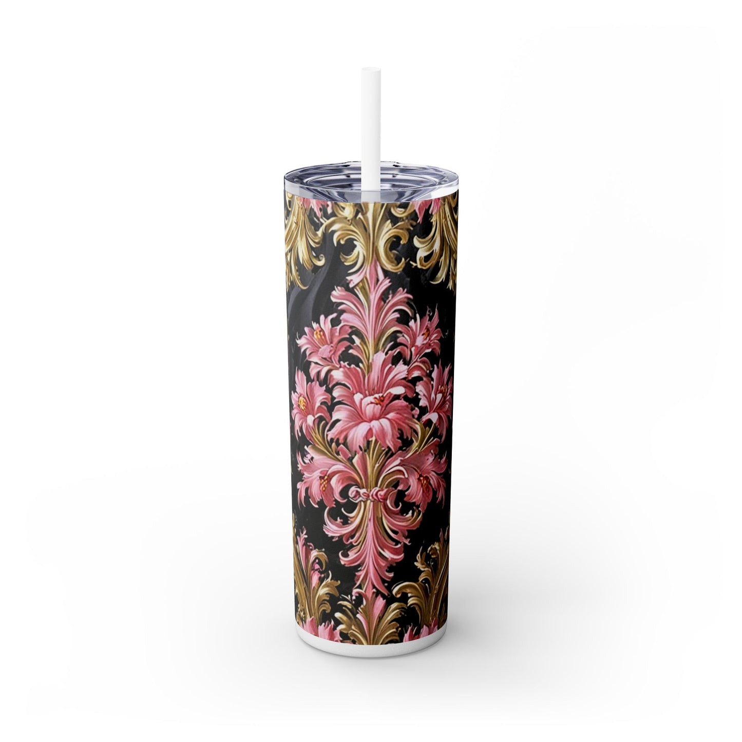 Chic Floral Skinny Tumbler with Straw, 20oz - Elegant Drinkware for Tea Lovers, Travel Mugs, Gifts for Her - Black & Pink Oil Painting Style Rococo