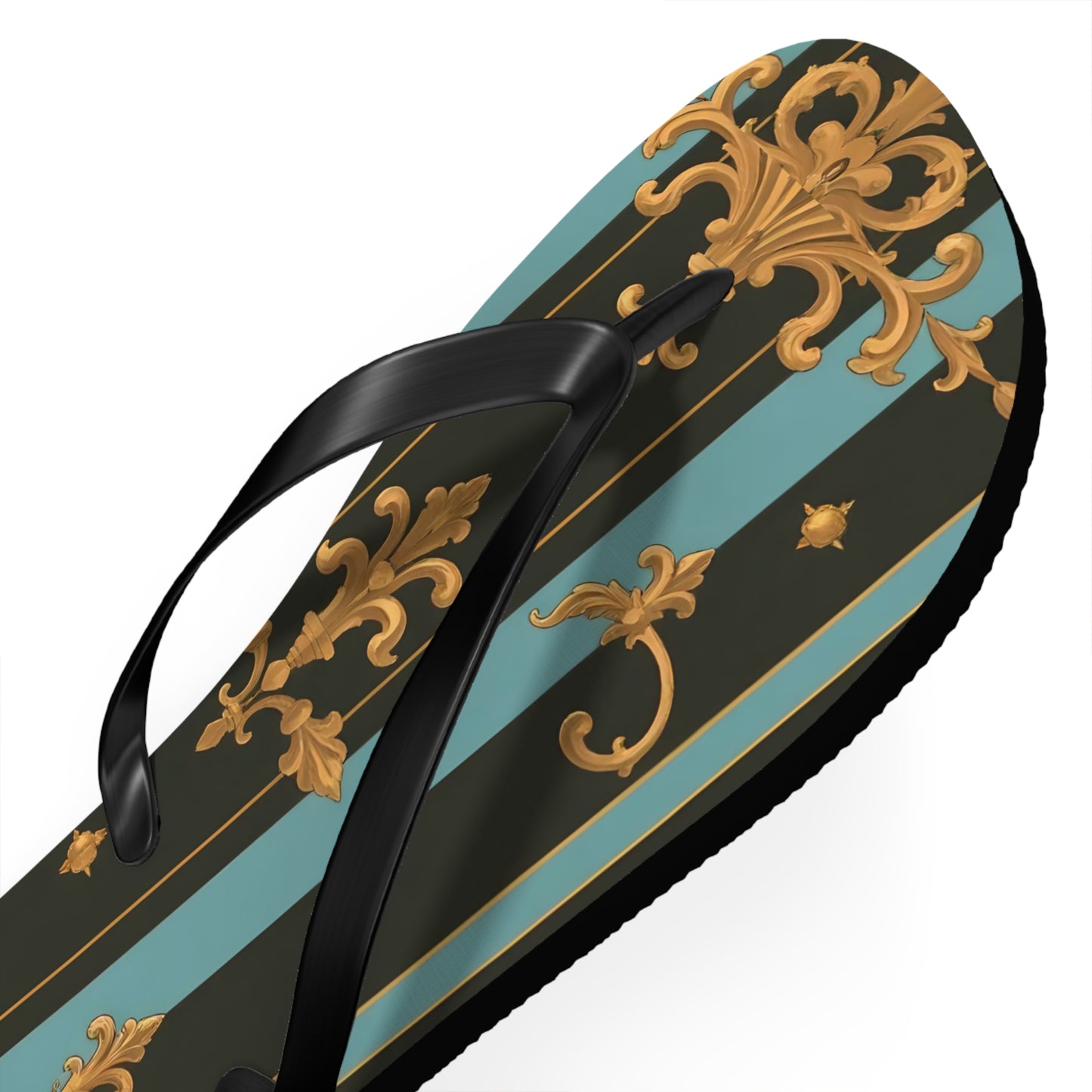 Elegant Striped Flip Flops, Stylish Beach Sandals, Summer Footwear, Vacation Essentials - Black & Turquoise Striped Baroque