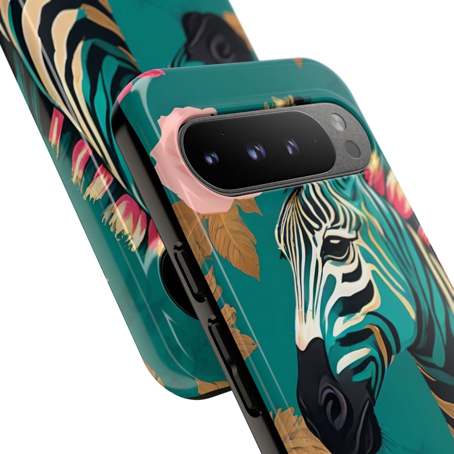 Phone Case - Elegant Teal & Gold Zebra & Roses Design