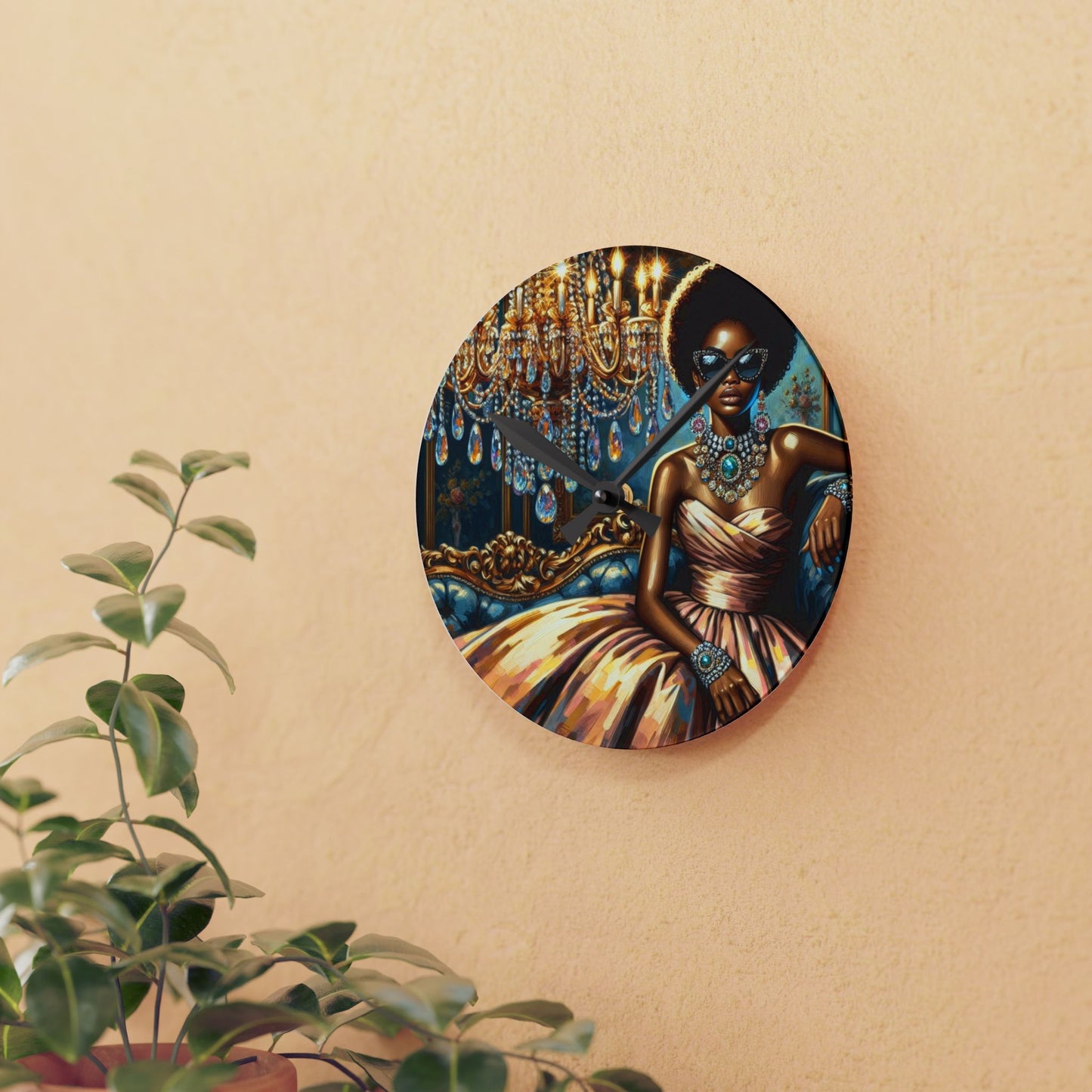 Elegant Acrylic Wall Clock with Glamorous Lady Design, Chic Home Decor, Modern Office Accent, Unique Gift Idea - Elegant Lady & Chandelier