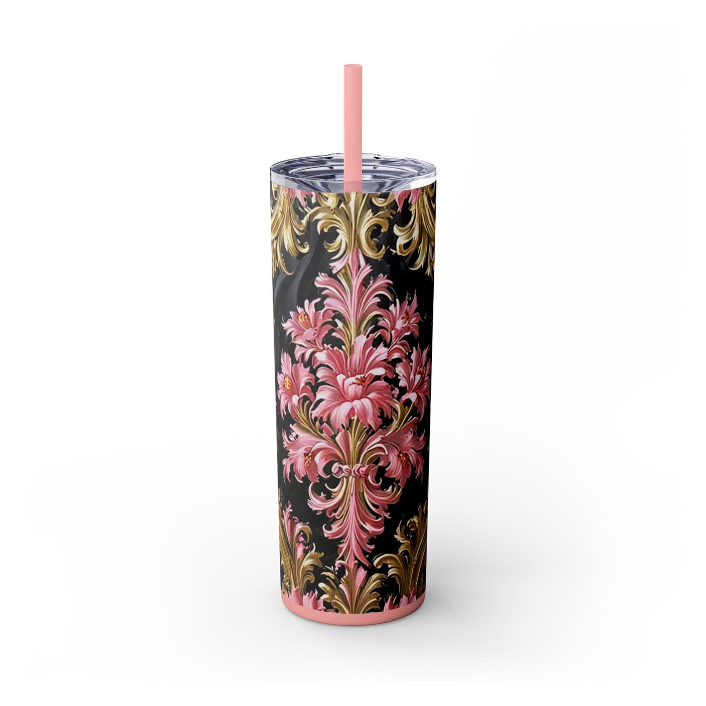 Chic Floral Skinny Tumbler with Straw, 20oz - Elegant Drinkware for Tea Lovers, Travel Mugs, Gifts for Her - Black & Pink Oil Painting Style Rococo