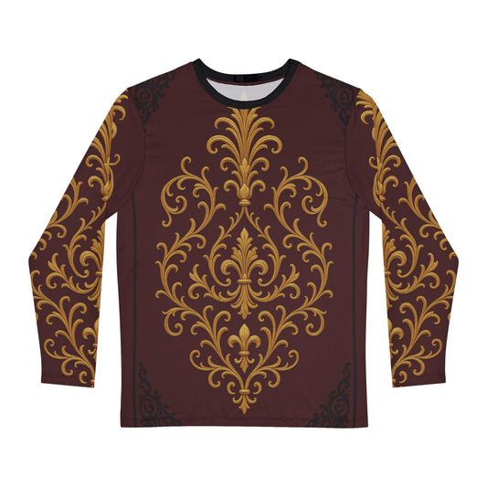 Dusk Burgundy-Black & Gold Baroque Men's Long Sleeve Shirt — Vintage Baroque Print