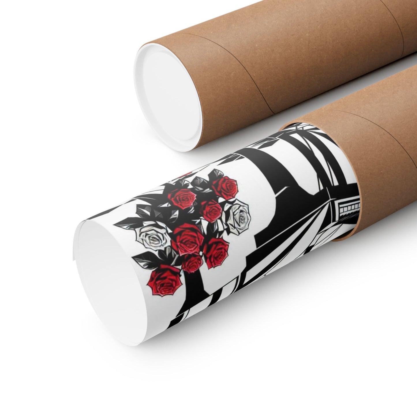Vertical Poster - Black & White Grand Piano & Red Roses Design
