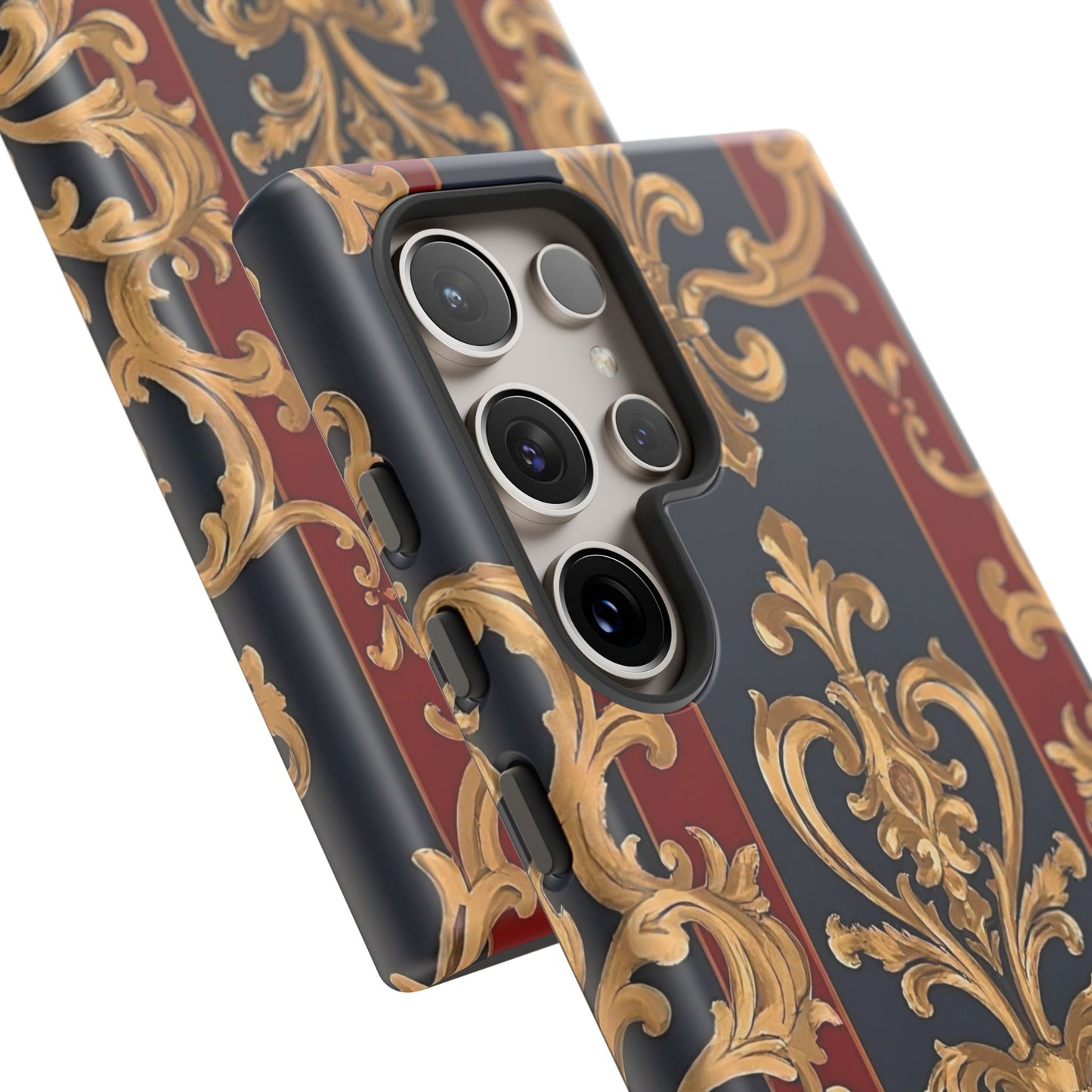 Elegant Floral Motif Phone Case - Tough Cases with Vintage Design - Midnight Blue & Dusk Red Striped Gold Damask