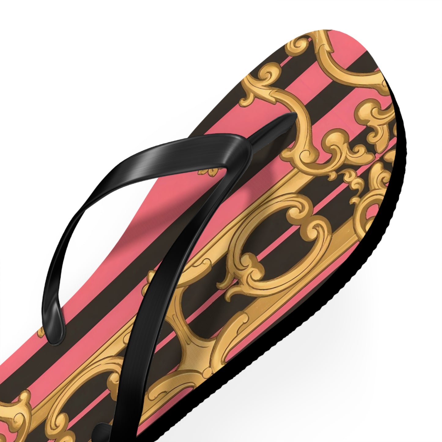 Chic Patterned Flip Flops - Stylish Summer Sandals, Beach Footwear, Pool Slides, Vacation Essentials, Gift for Her - Pink & Black Striped Gold Baroque