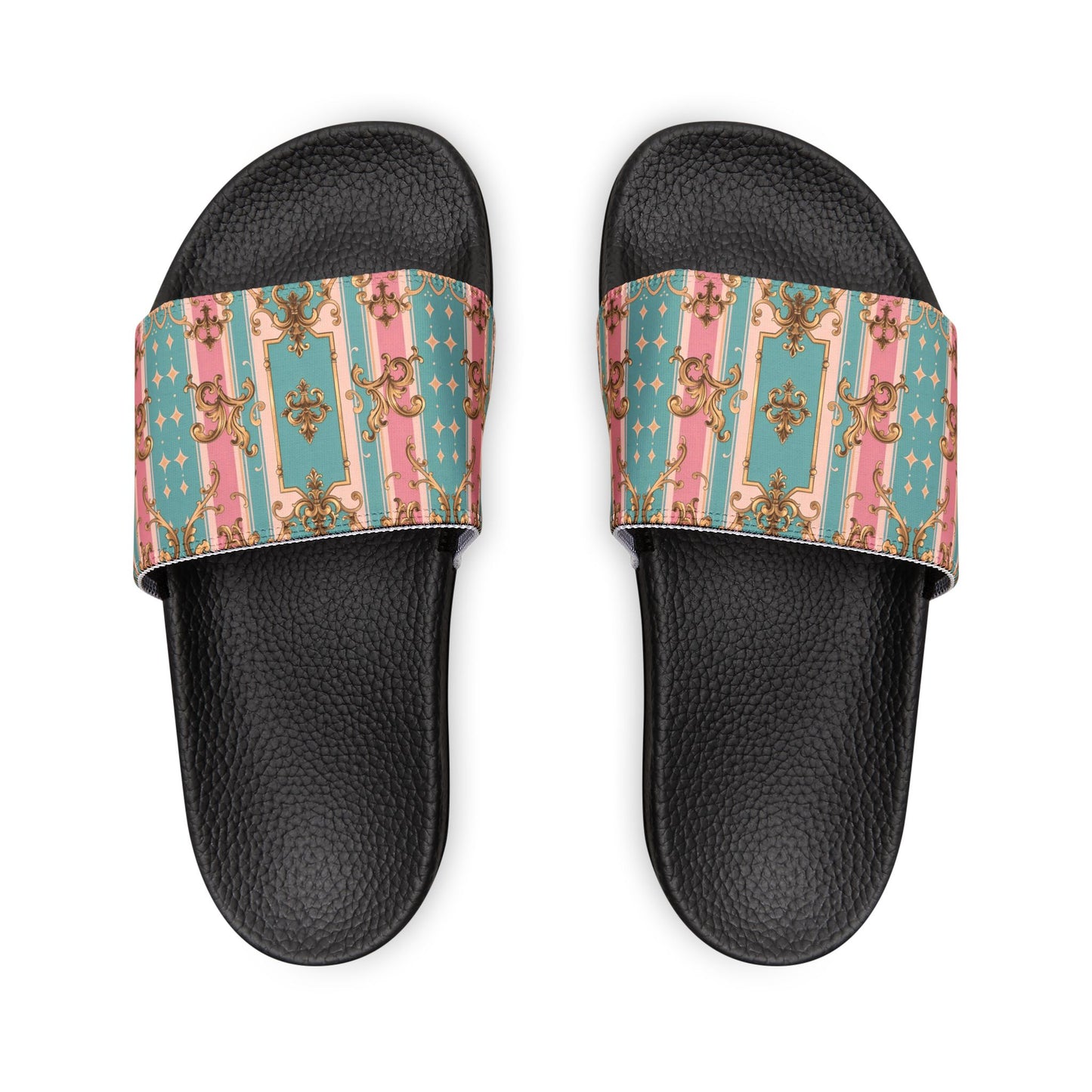 Stylish Women's Removable-Strap Sandals, Trendy Summer Footwear, Comfortable Beach Slides - Pink & Matte Turquoise Striped Rococo