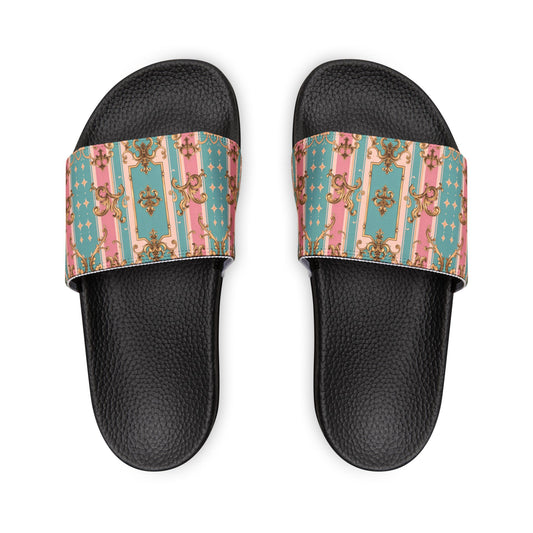 Stylish Women's Removable-Strap Sandals, Trendy Summer Footwear, Comfortable Beach Slides - Pink & Matte Turquoise Striped Rococo