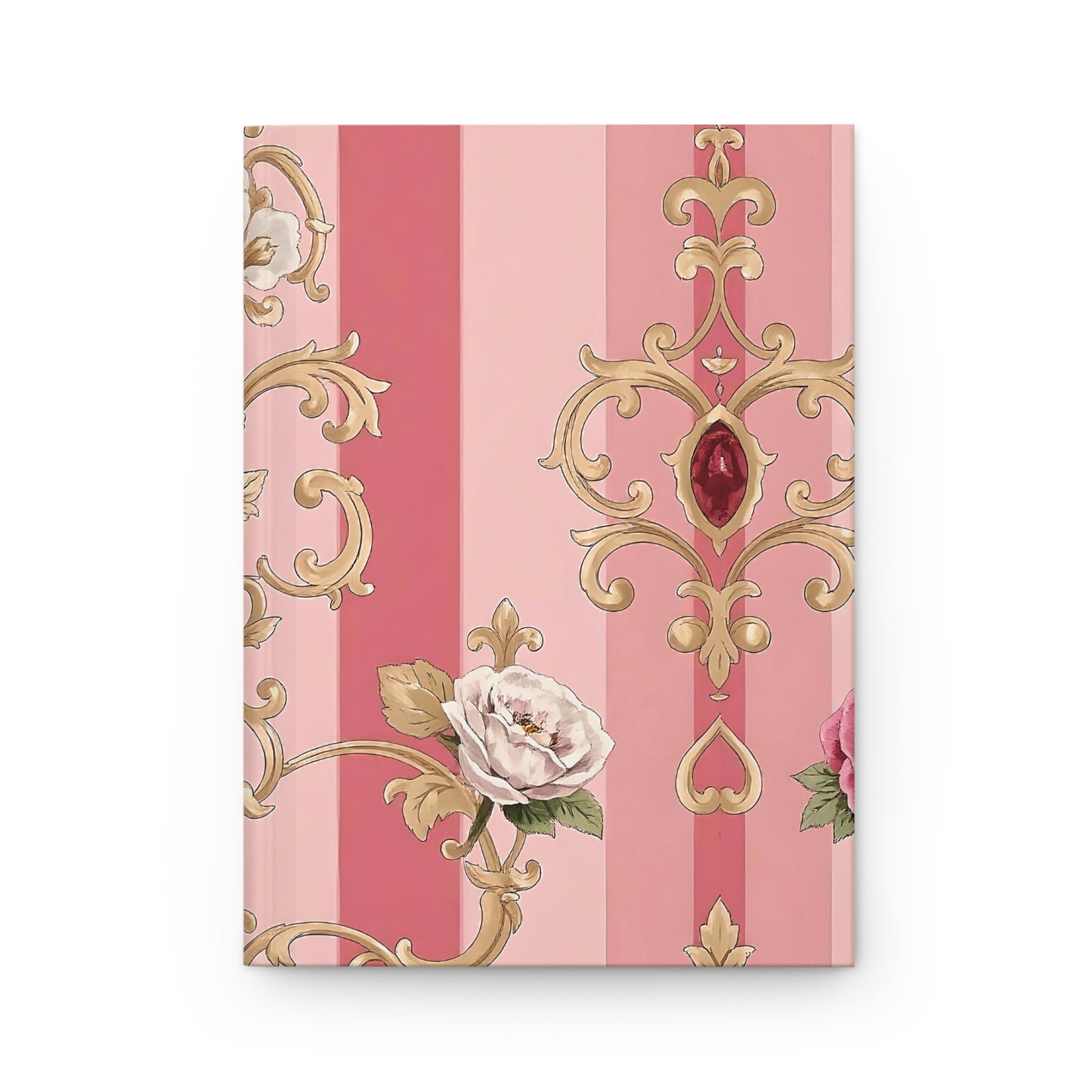 Elegant Floral Motif Hardcover Journal - Stylish Writing Notebook - Pink Striped Gold Damask