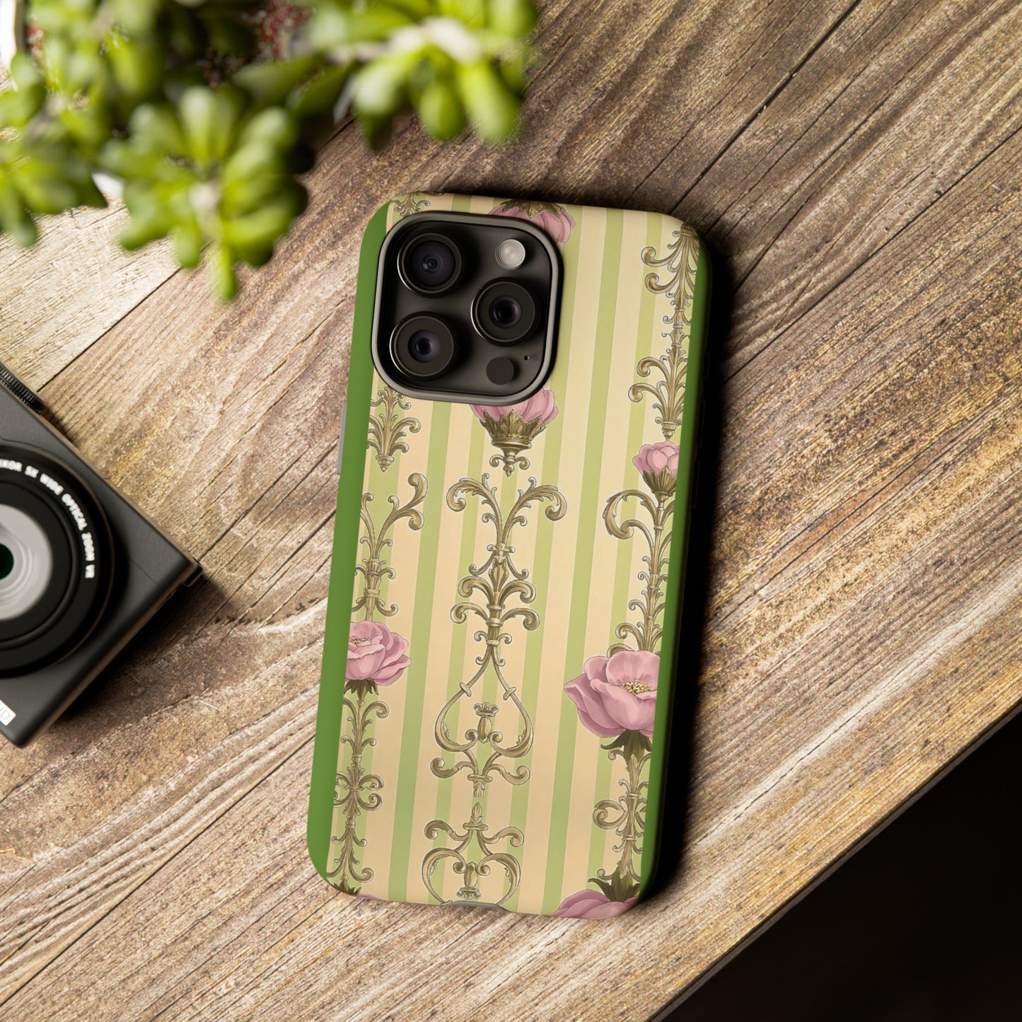 Elegant Floral Motif Phone Case - Tough Cases with Vintage Design - Lime Green & Pink Striped Damask
