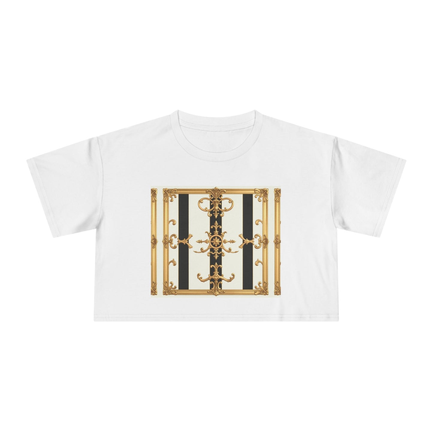 Chic Gold Baroque Women's Crop Tee, Stylish Summer Top, Fashionable Gift for Her, Casual Fashion - Black & White Striped Gold Baroque