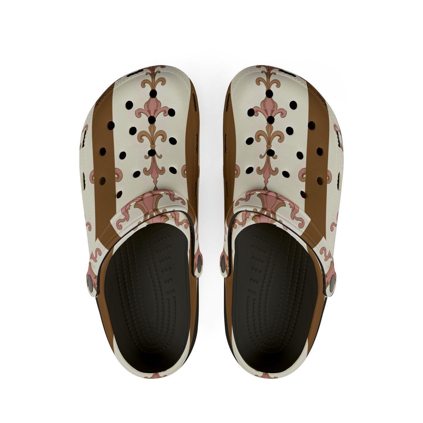 Stylish EVA Foam Rubber Clogs, Trendy Slip-On Shoes, Comfortable Footwear, Unique Patterned Clogs, Everyday Wear - Brown Striped Pink Arabesque