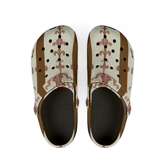Stylish EVA Foam Rubber Clogs, Trendy Slip-On Shoes, Comfortable Footwear, Unique Patterned Clogs, Everyday Wear - Brown Striped Pink Arabesque