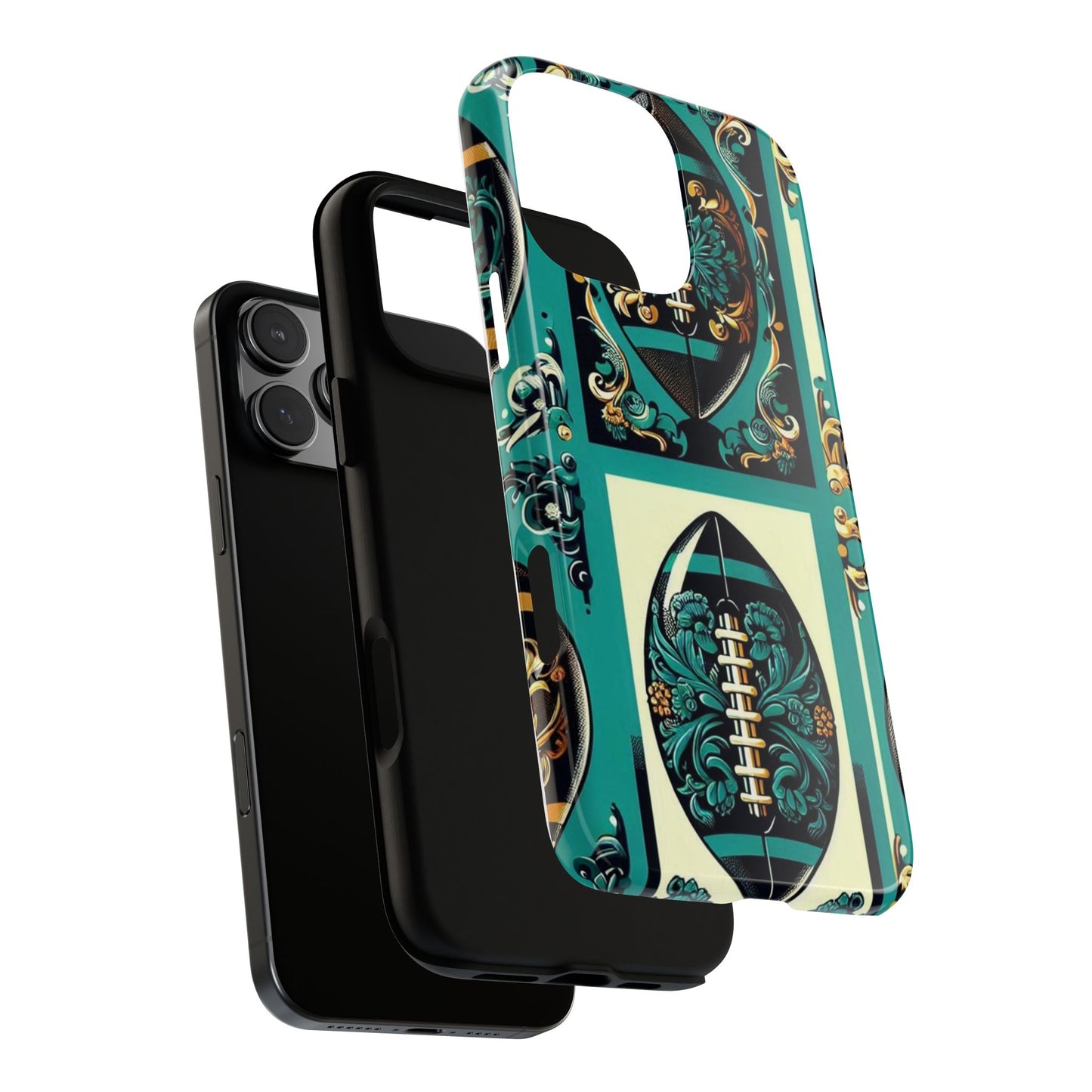 Elegant Floral Motif Phone Case - Tough Cases with Vintage Design -  Damask Teal, Gold & Black Footballs