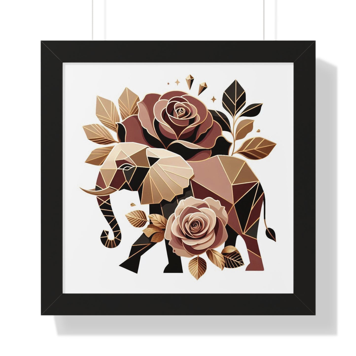 Vertical Poster - Brown & Gold Elephant & Roses Wall Art