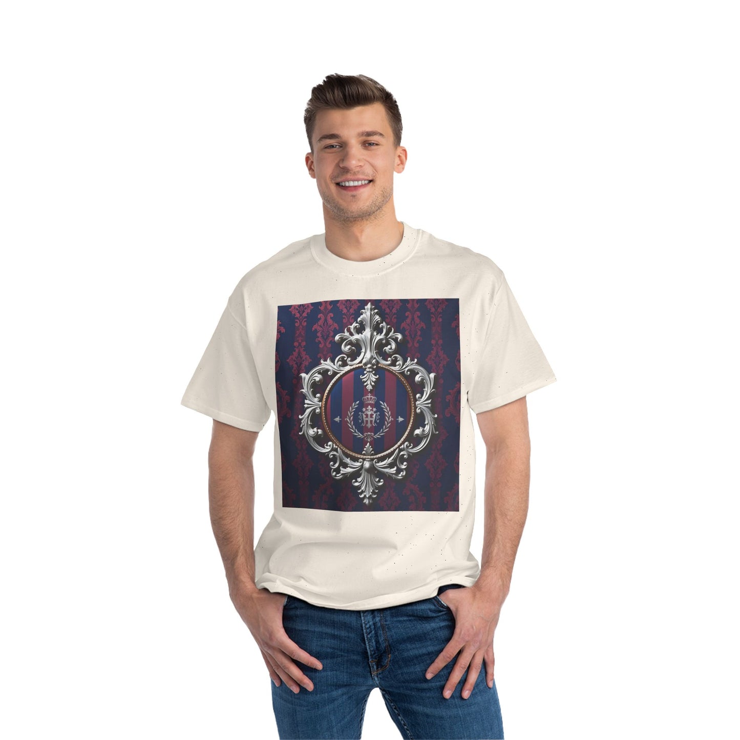 Elegant Unisex Graphic T-Shirt - Vintage Inspired, Casual Wear, Unique Gift, Art Tee, Fashion Statement - Blue & Plum Striped Silver Crest