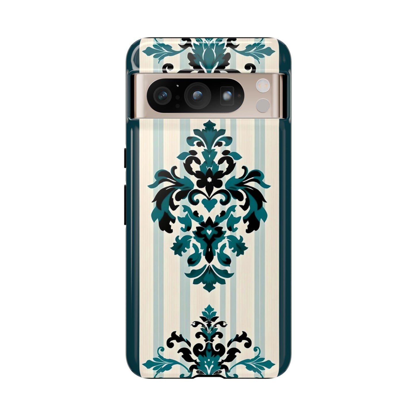 Elegant Floral Phone Case - Tough Cases with Vintage Design - Teal Striped Damask