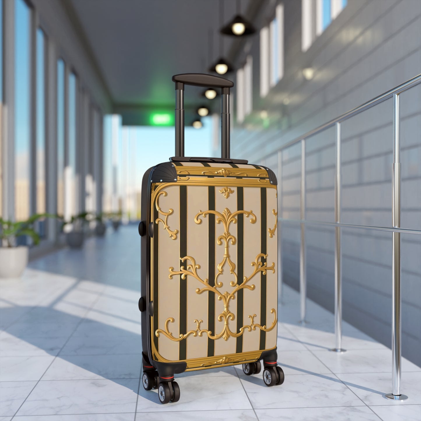 Elegant Travel Suitcase with Vintage Design, Stylish Luggage for Adventurers, Holiday Travel Gear - Beige Striped Gold Rococo