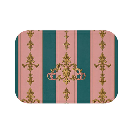 Elegant Vintage Bath Mat with Floral Design, Home Decor, Guest Bathroom Essentials, Luxurious Bath - Pink & Teal Striped Gold Baroque