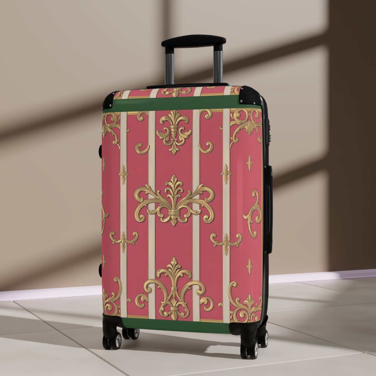 Elegant Green Border Pink Striped Baroque Suitcase for Travelers, Stylish Luggage for Vacations and Getaways, Gift for Adventure Lovers