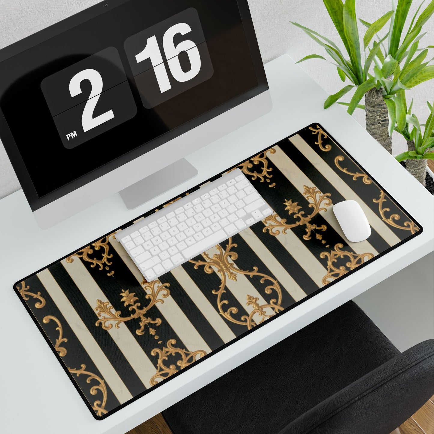 Elegant Black & Alabaster Striped Baroque Desk Mats - Stylish Office Accessories for Home & Work, Gamer Mats, Desk Decor, Chic Gifts