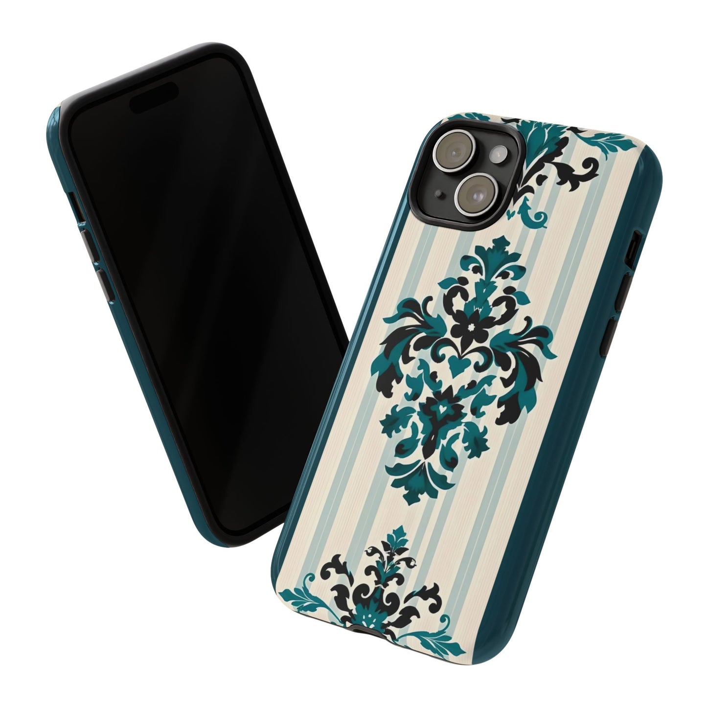 Elegant Floral Phone Case - Tough Cases with Vintage Design - Teal Striped Damask