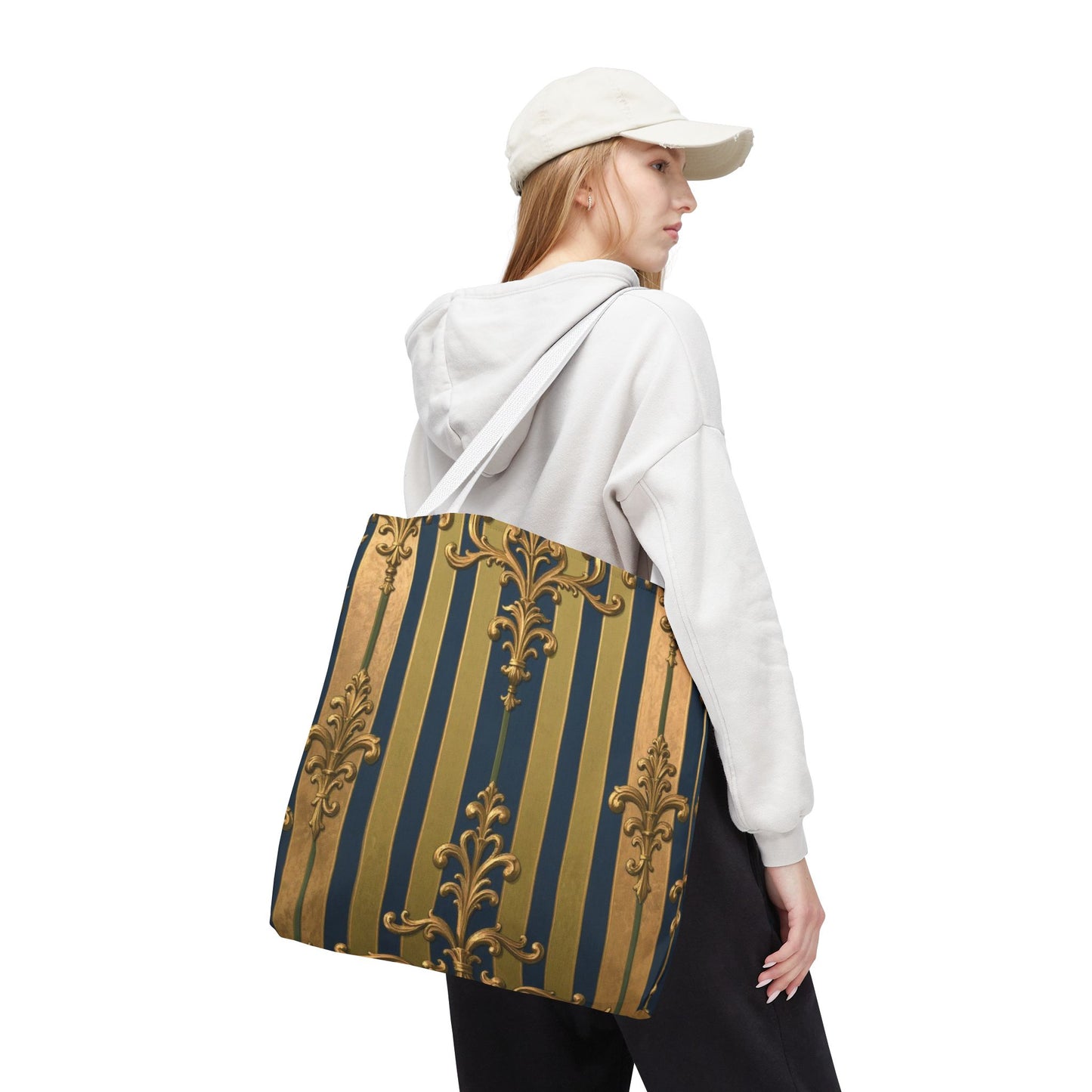 Elegant Midnight Blue & Olive Striped Gold Baroque Golden Striped Tote Bag, Stylish Shopping Bag, Trendy Handbag, Chic Gift for Her