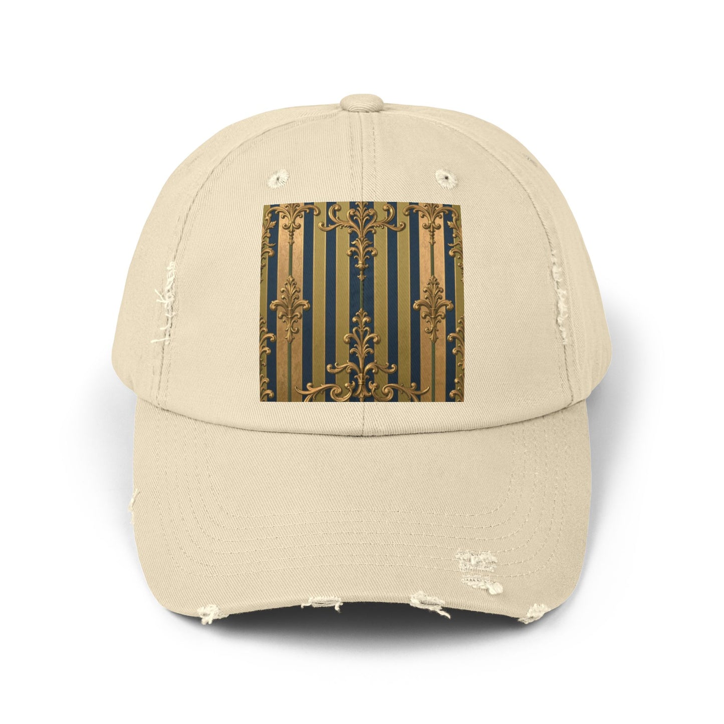 Stylish Midnight Blue & Olive Striped Gold Baroque Unisex Distressed Cap with Elegant Gold Accent, Fashionable Hat for Casual Days, Gift for Birthdays