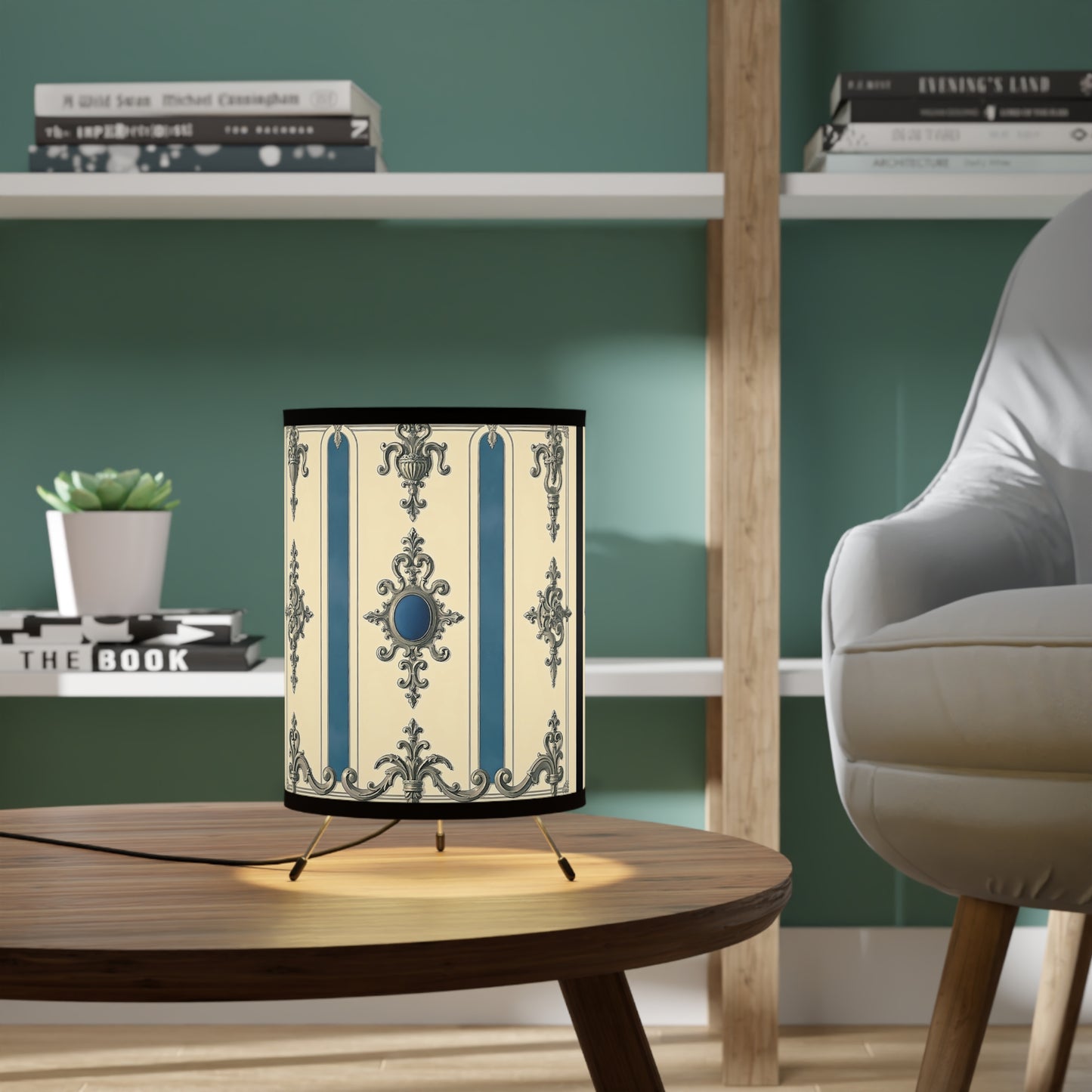 Elegant Tripod Lamp with Vintage Floral Design Shade - Alabaster & Ocean Blue Baroque