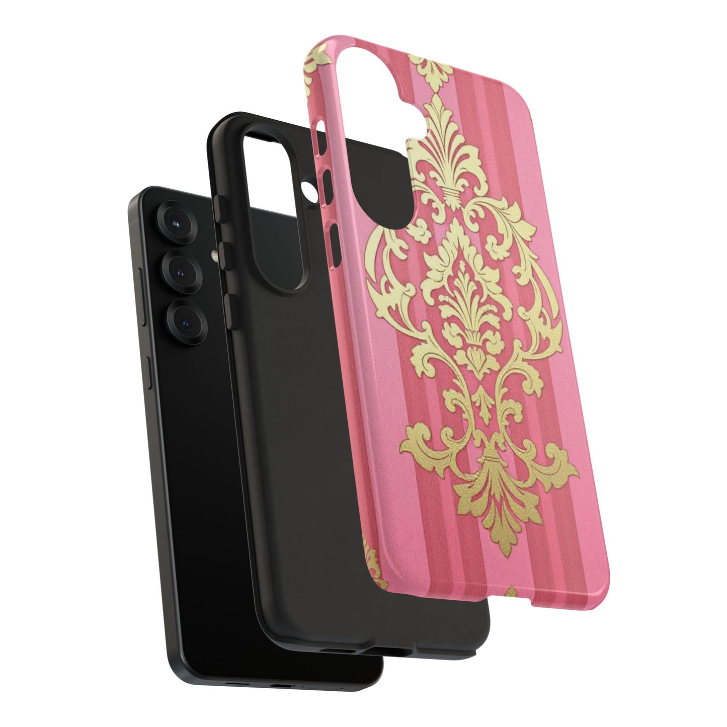 Elegant Floral Motif Phone Case - Tough Cases with Vintage Design - Pink Striped Damask