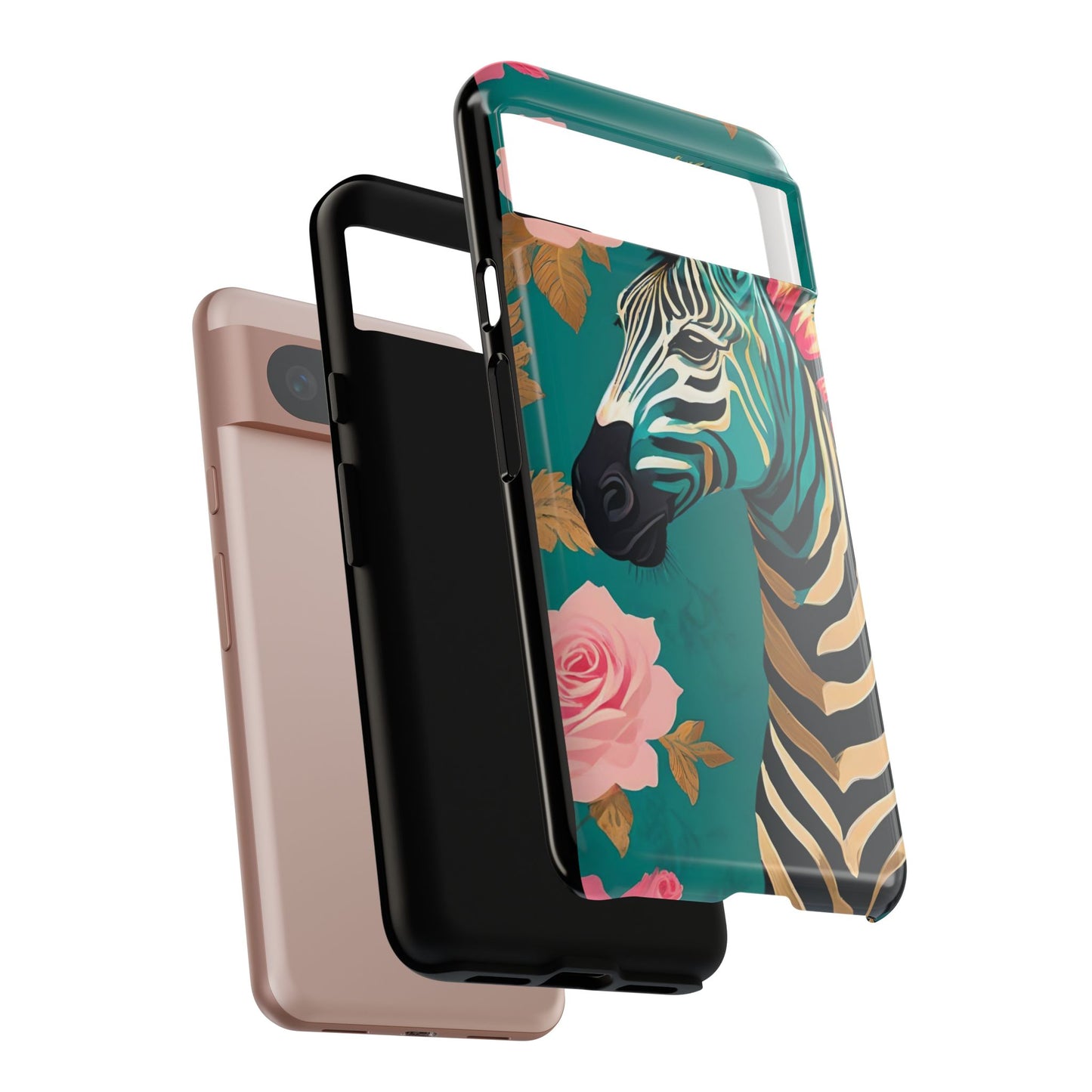 Phone Case - Elegant Teal & Gold Zebra & Roses Design