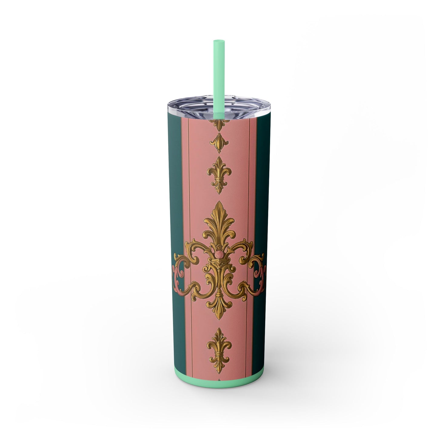 Elegant Pink and Green Skinny Tumbler with Straw, 20oz - Ideal for Gifts, Travel, Home, Events - Pink & Teal Striped Gold Baroque
