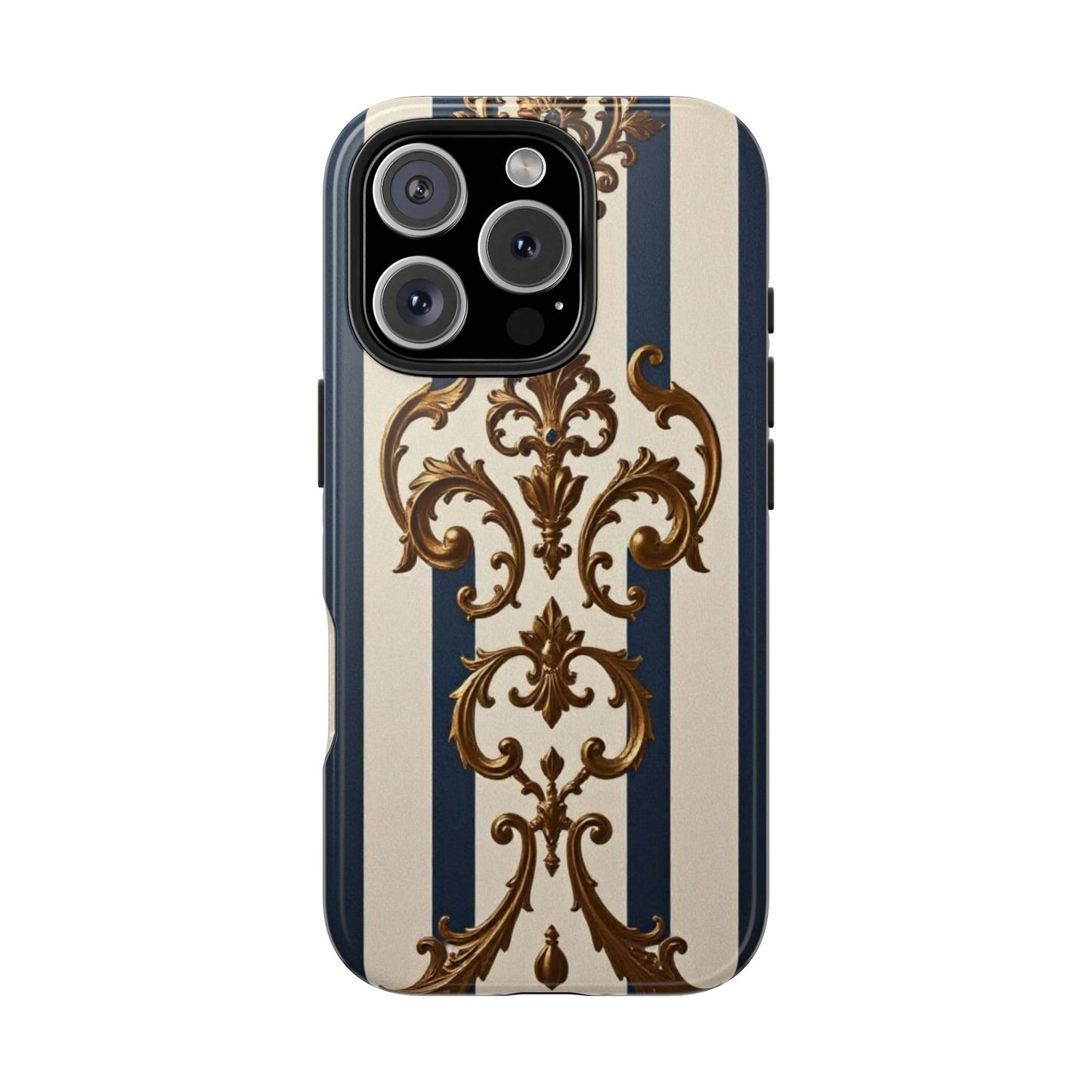 Damask Tough Phone Case - Alabaster & Blue Striped Damask