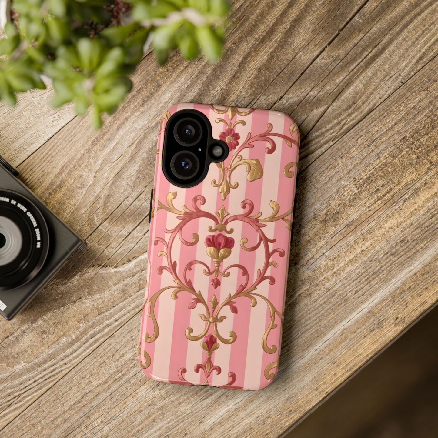 Elegant Floral Motif Phone Case - Tough Cases with Vintage Design - Pink Striped Rose Gold Damask
