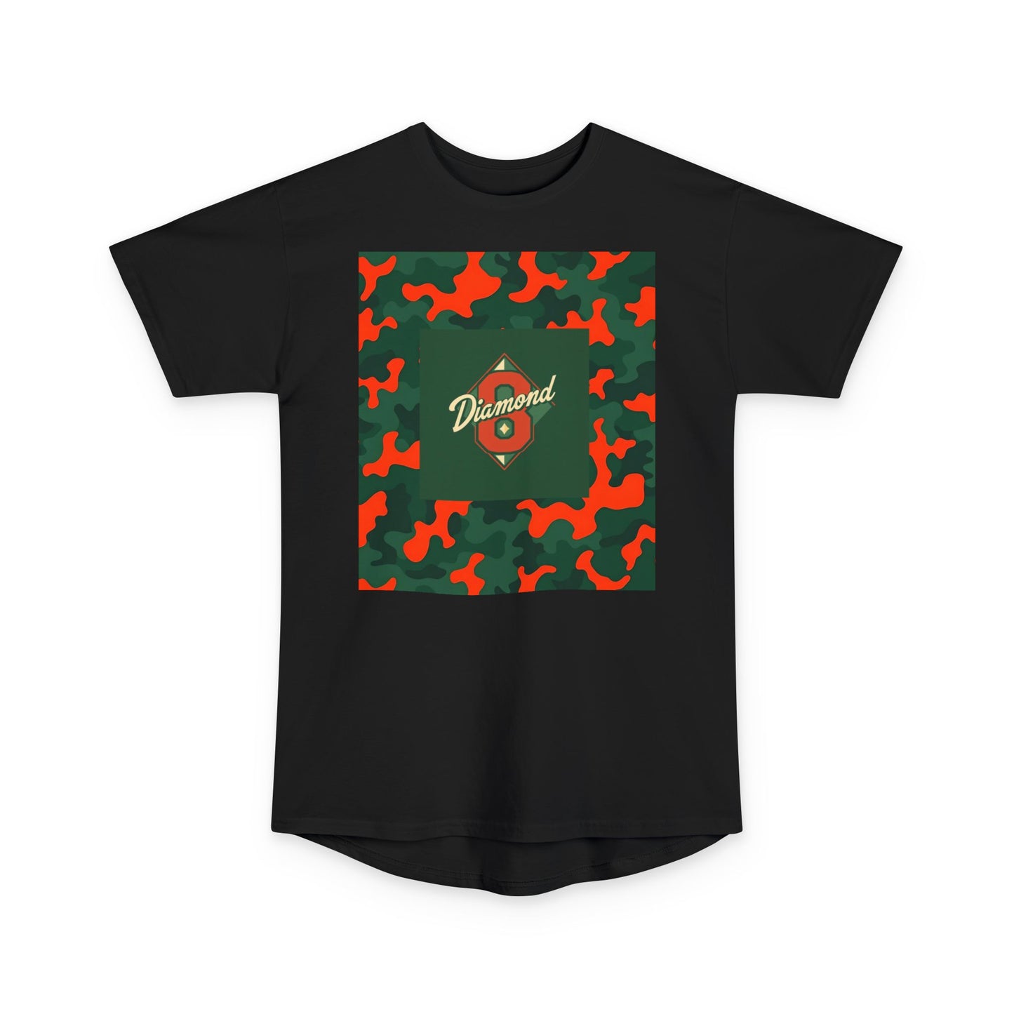 Urban Camo Long Body Tee, Trendy Streetwear, Summer Fashion Top, Unisex Casual Shirt, Gift for Him/Her - Green & Orange Camo Diamond 8