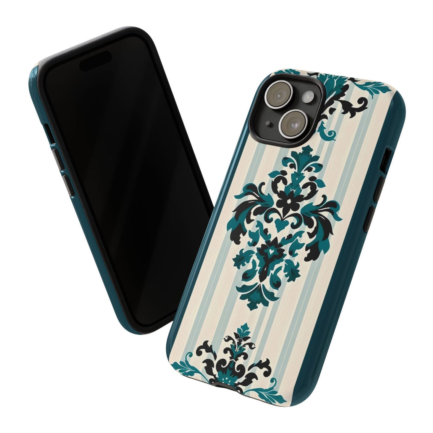 Elegant Floral Phone Case - Tough Cases with Vintage Design - Teal Striped Damask